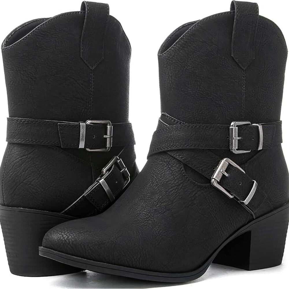New! Global Win black western pull on vegan leather block heel boots 10